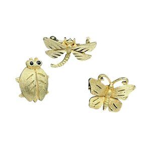 Set Of 3 Jonette Gold Tone Bug Brooches Beetle, Dragon Fly & Butterfly (5646)